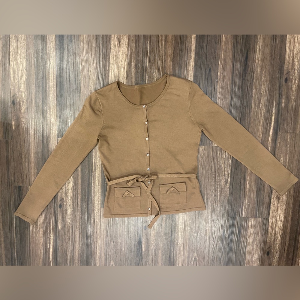 Silk Brown Button-Up Women's cardigan with tie waist - Picture 4 of 16